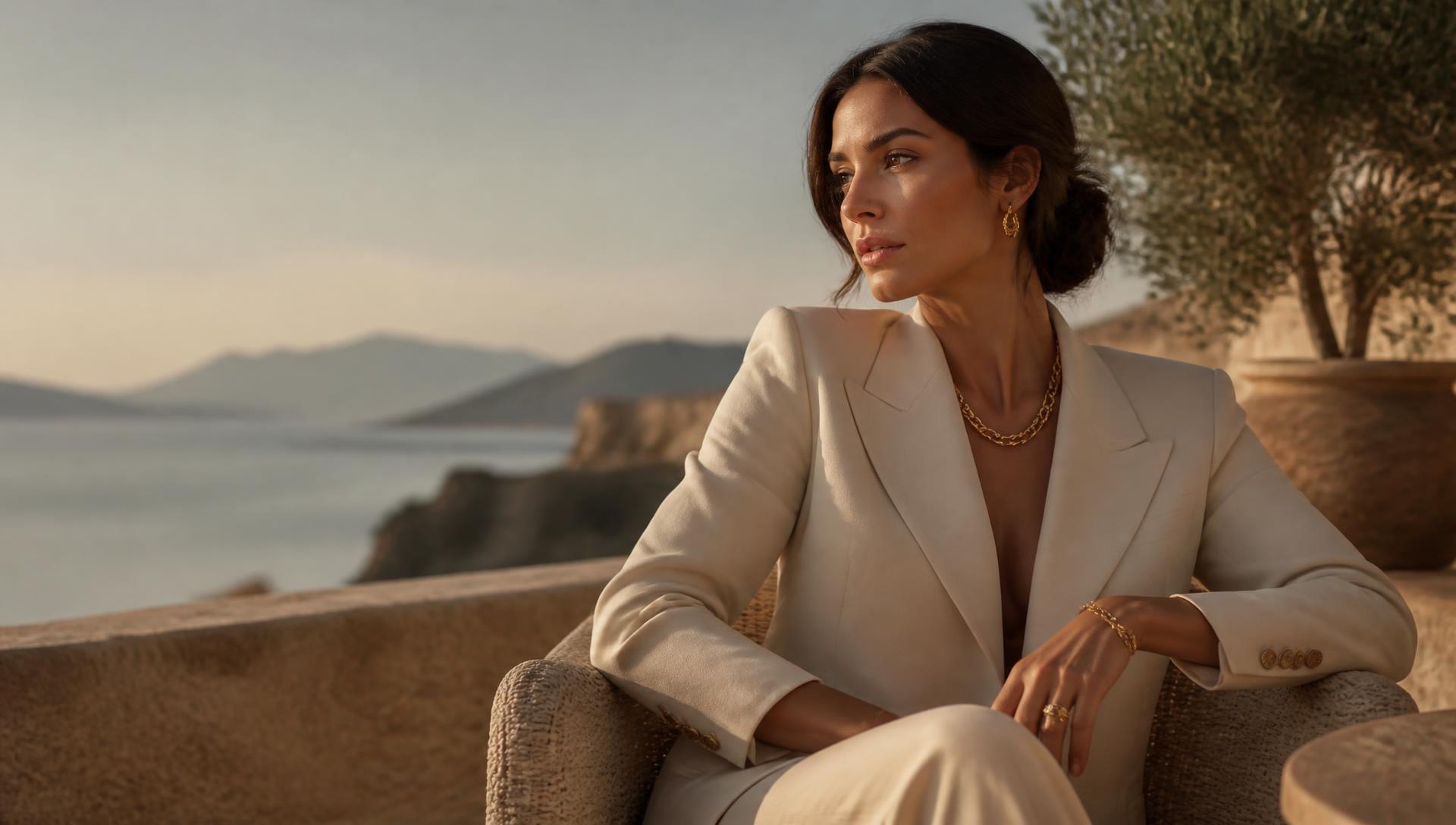 Creator in tailored eveningwear on a terrace in late afternoon light