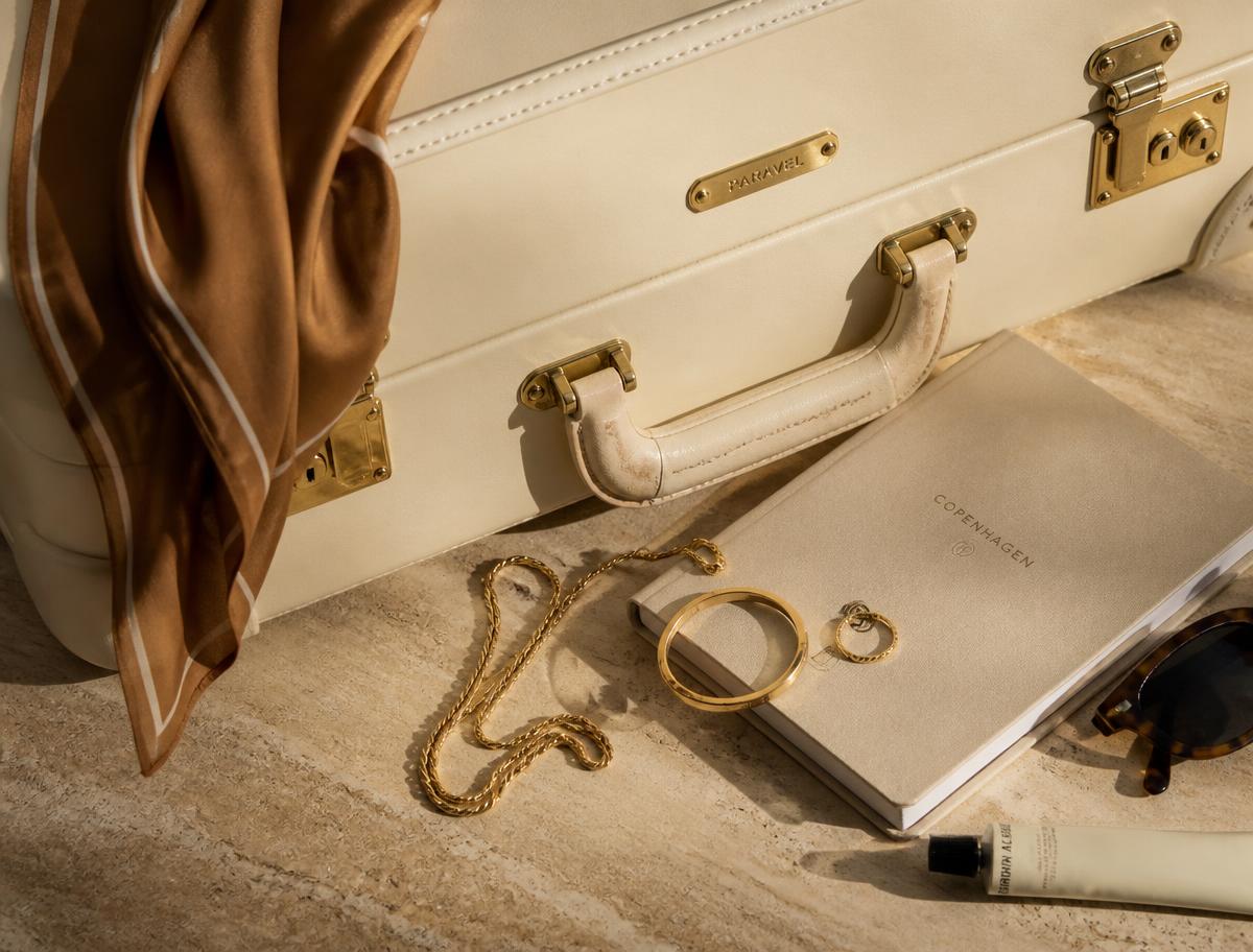 Cream travel case, silk scarf, gold jewellery and a notebook on a stone surface