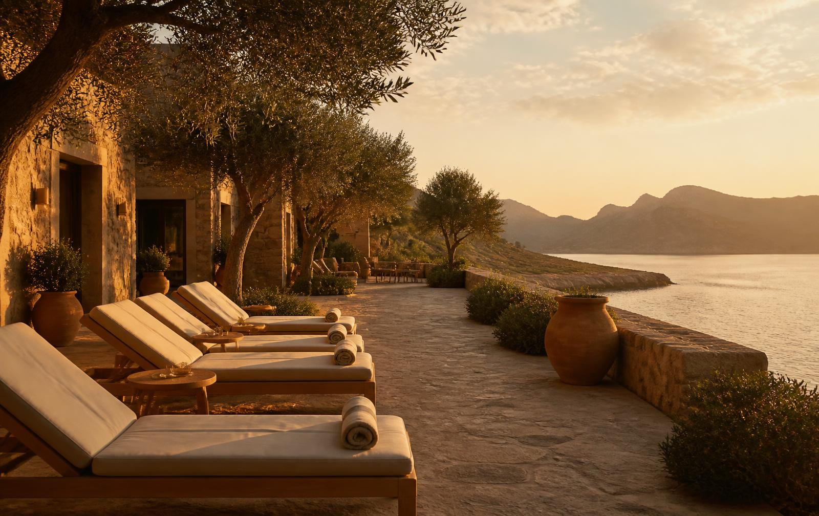 Coastal hotel terrace with linen loungers and olive trees in golden evening light